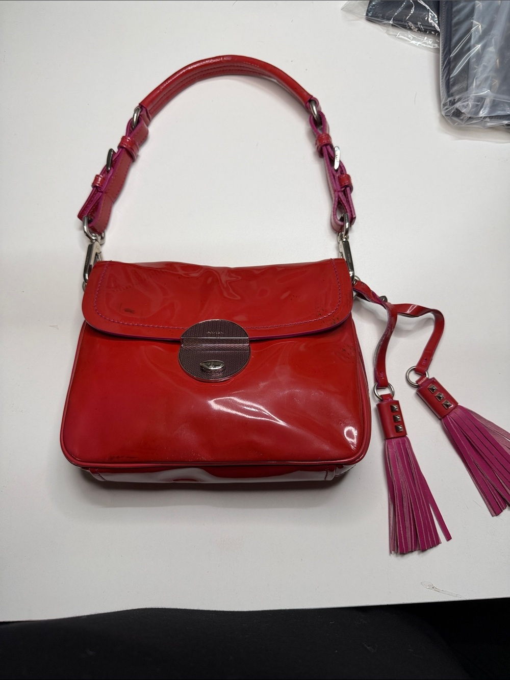 Prada Red Shoulder Bag with Pink Tassels